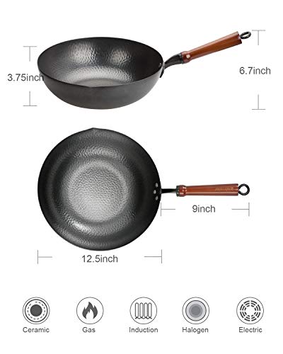 Carbon Steel Wok Pan with Lid, 12.5 Inch, Flat Bottom for All Stoves S143321