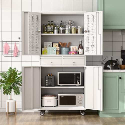 Metal Storage Cabinet with Wheels, 73" H, Locking Doors and Adjustable Shelves C8462