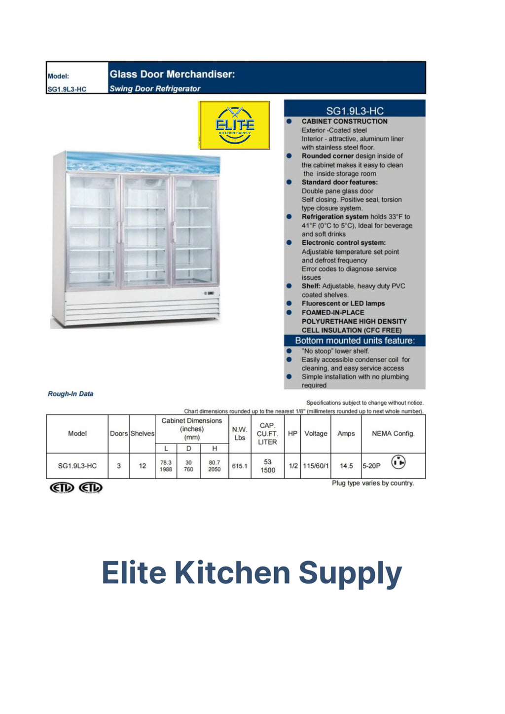Three Glass Door Merchandiser Cooler, Commercial Refrigerator, 53 Cu. ft. A8714