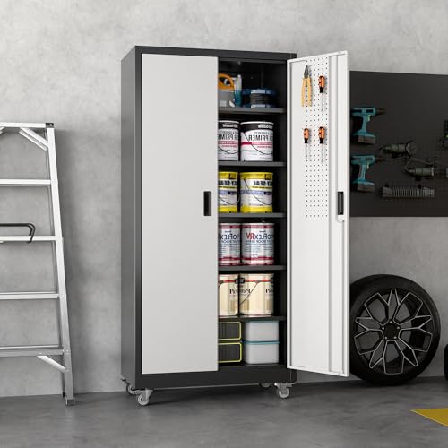 Garage Storage Cabinet with Wheels, 72" H, 2 Doors, 4 Adjustable Shelves, Black Q104