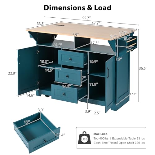 Foldable Kitchen Storage Island Cart with Drop Leaf Extensions and Wheels M744