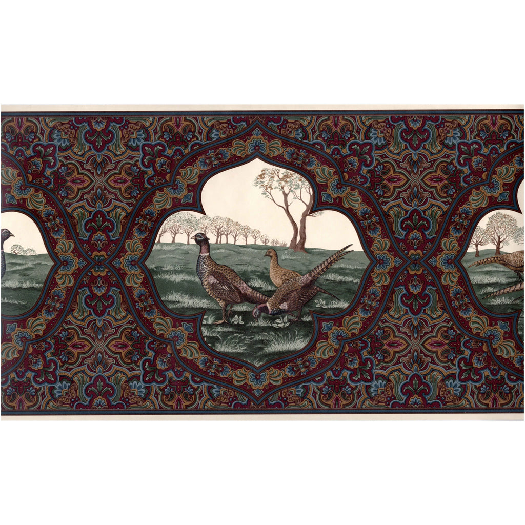Vintage Paisley Pheasants Wallpaper Border, Dark Burgundy, 15 ft L x 10.25 in W E280