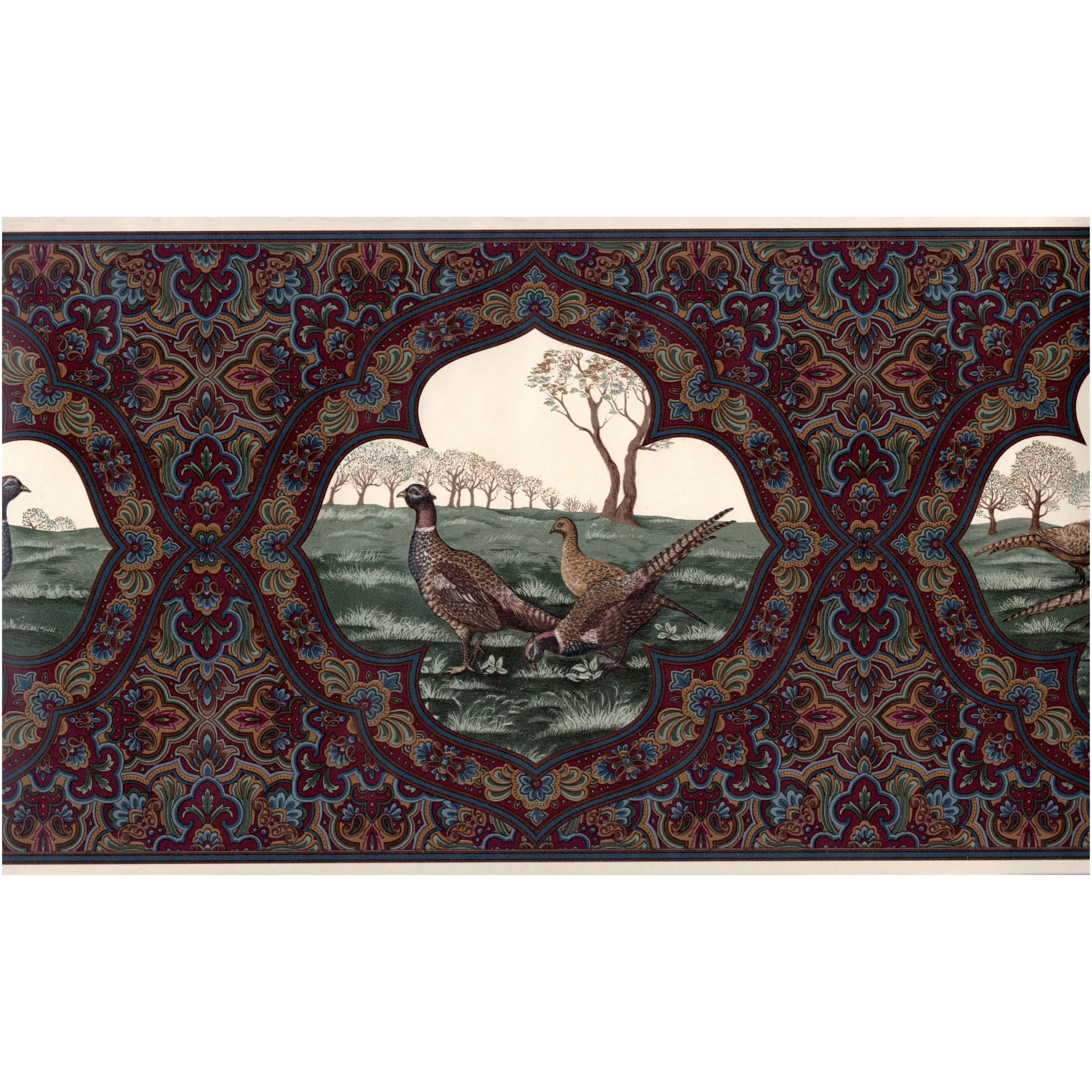 Vintage Paisley Pheasants Wallpaper Border, Dark Burgundy, 15 ft L x 10.25 in W E280