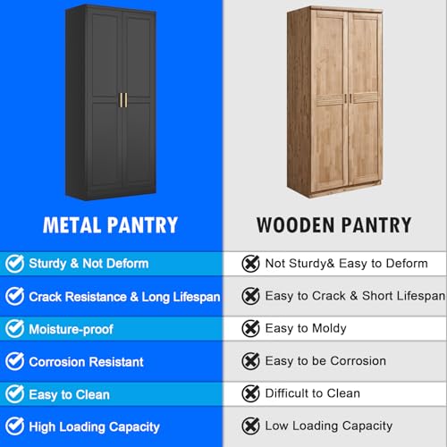 Tall Kitchen Storage Cabinet with Doors and Adjustable Shelves, Black Freestanding Cupboard X34021