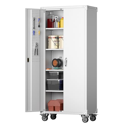 Metal Storage Cabinet with Wheels, 73" H, Locking Doors and Adjustable Shelves C8462