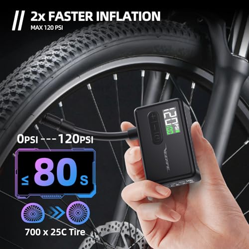 Portable Electric Bicycle Pump, 120PSI, Type-C Rechargeable, Presta & Schrader Valves A866982