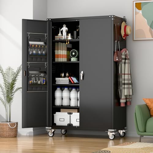Metal Storage Cabinet with Wheels, 73" H, Locking Doors and Adjustable Shelves C8462