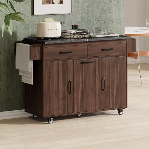 Farmhouse Kitchen Island with Drop Leaf, Barn Door and Wheels O34026