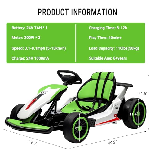 Kids Go Kart, 24V Electric Drift Car with Dual 200W Motors, 2-Speed, White B188186