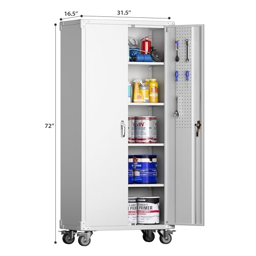 Metal Storage Cabinet with Wheels, 73" H, Locking Doors and Adjustable Shelves C8462