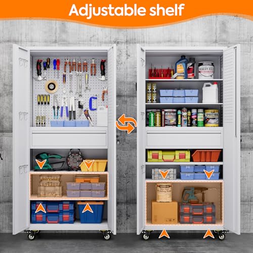 Metal Storage Cabinet with Wheels, 73" H, Locking Doors and Adjustable Shelves C8462