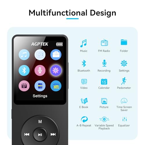 MP3 Player with Bluetooth 5.3, 1.8 Inch Screen, FM Radio, Voice Recorder I138
