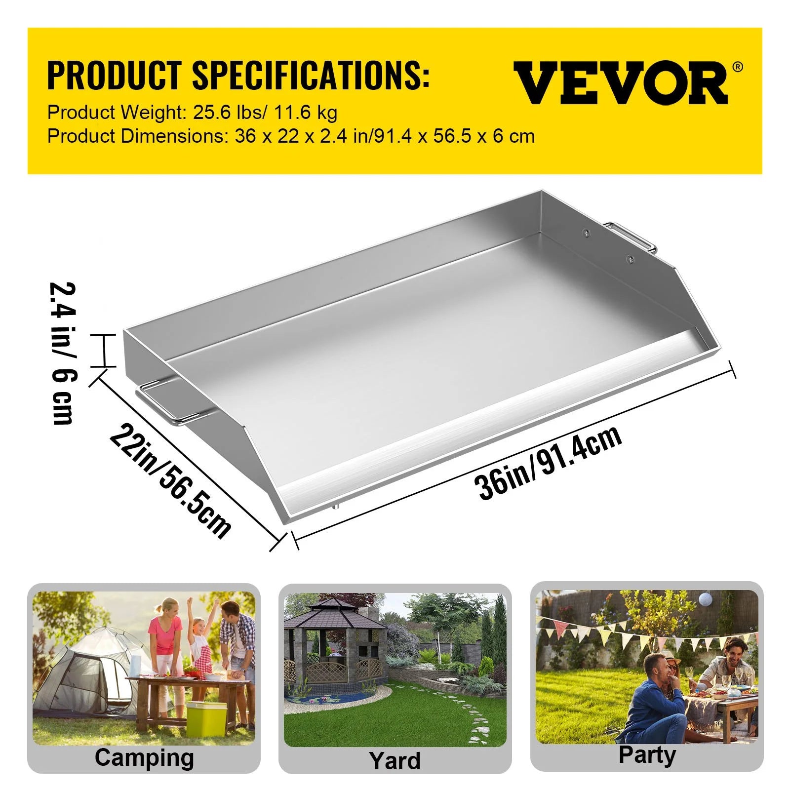 Stainless Steel Flat Top Griddle with Handles and Grease Groove P9122