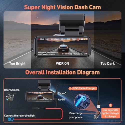 4K Dash Cam Front and Rear with WiFi GPS, 3.2" Screen, Night Vision O3771