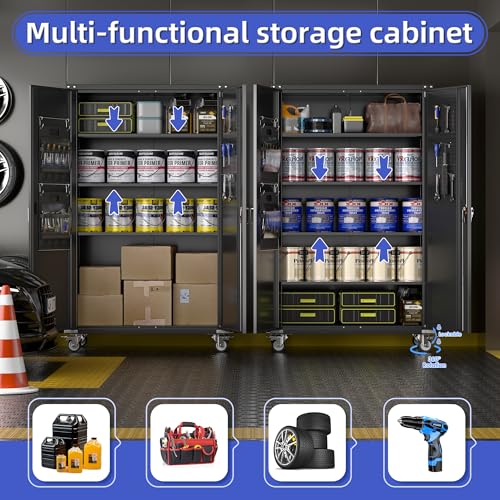 Metal Storage Cabinet with Wheels, 73" H, Locking Doors and Adjustable Shelves C8462