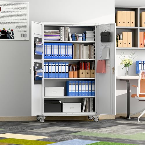 Metal Storage Cabinet with Wheels, 73" H, Locking Doors and Adjustable Shelves C8462