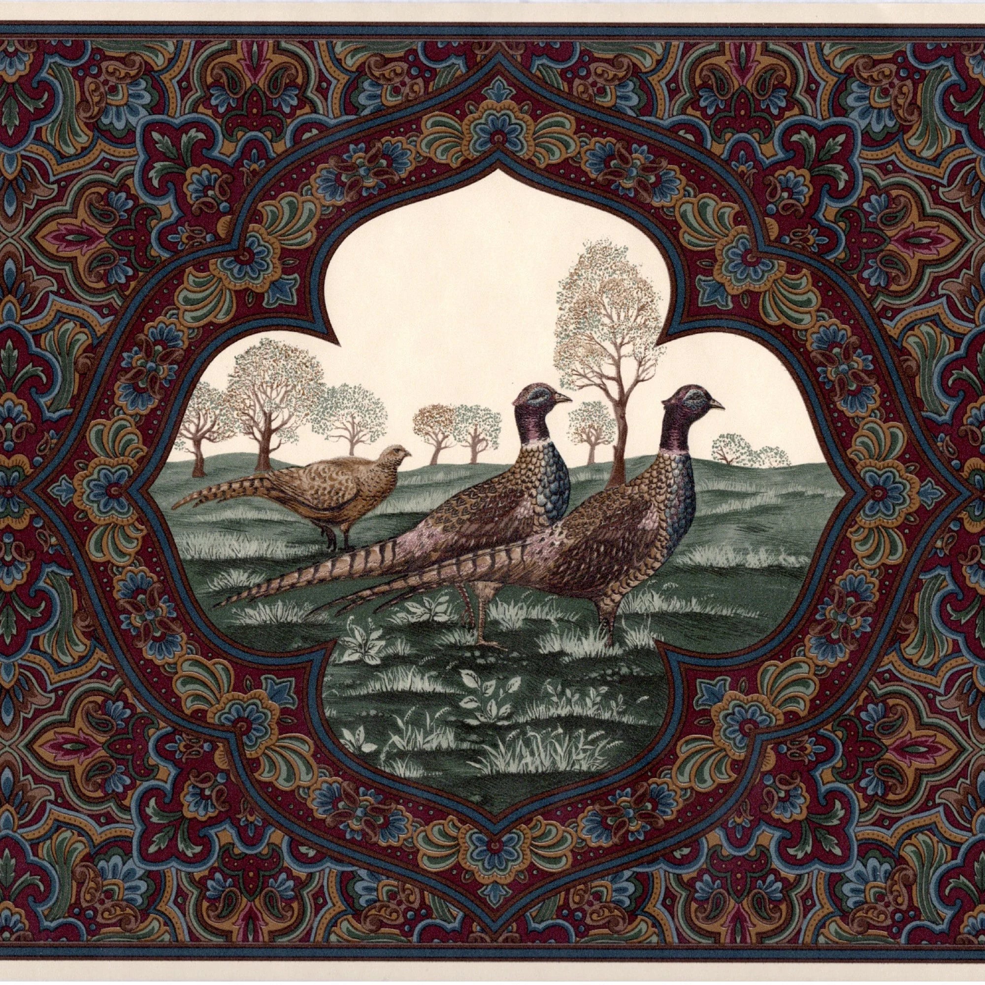 Vintage Paisley Pheasants Wallpaper Border, Dark Burgundy, 15 ft L x 10.25 in W E280