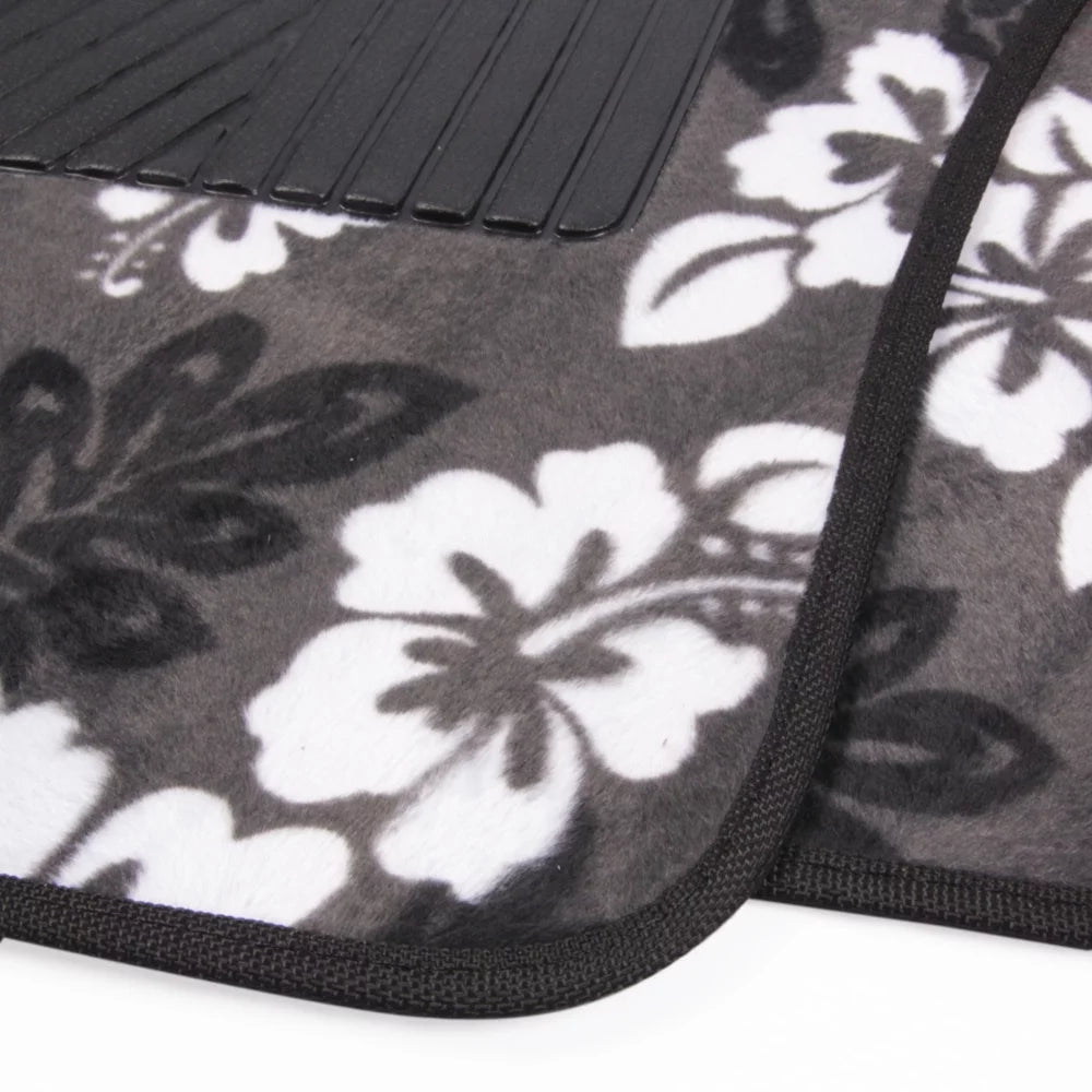Hawaiian Hibiscus Car Floor Mats for Car Truck SUV - 4 Piece Set, Black & White F640