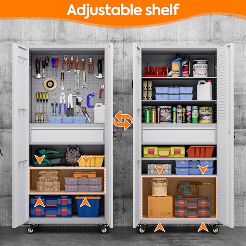 Metal Storage Cabinet with Wheels, 73" H, Locking Doors and Adjustable Shelves C8462
