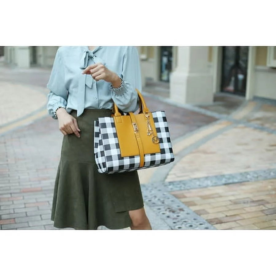 Vegan Leather Checkered Satchel Bag with Wallet 2 Piece Set Y922069