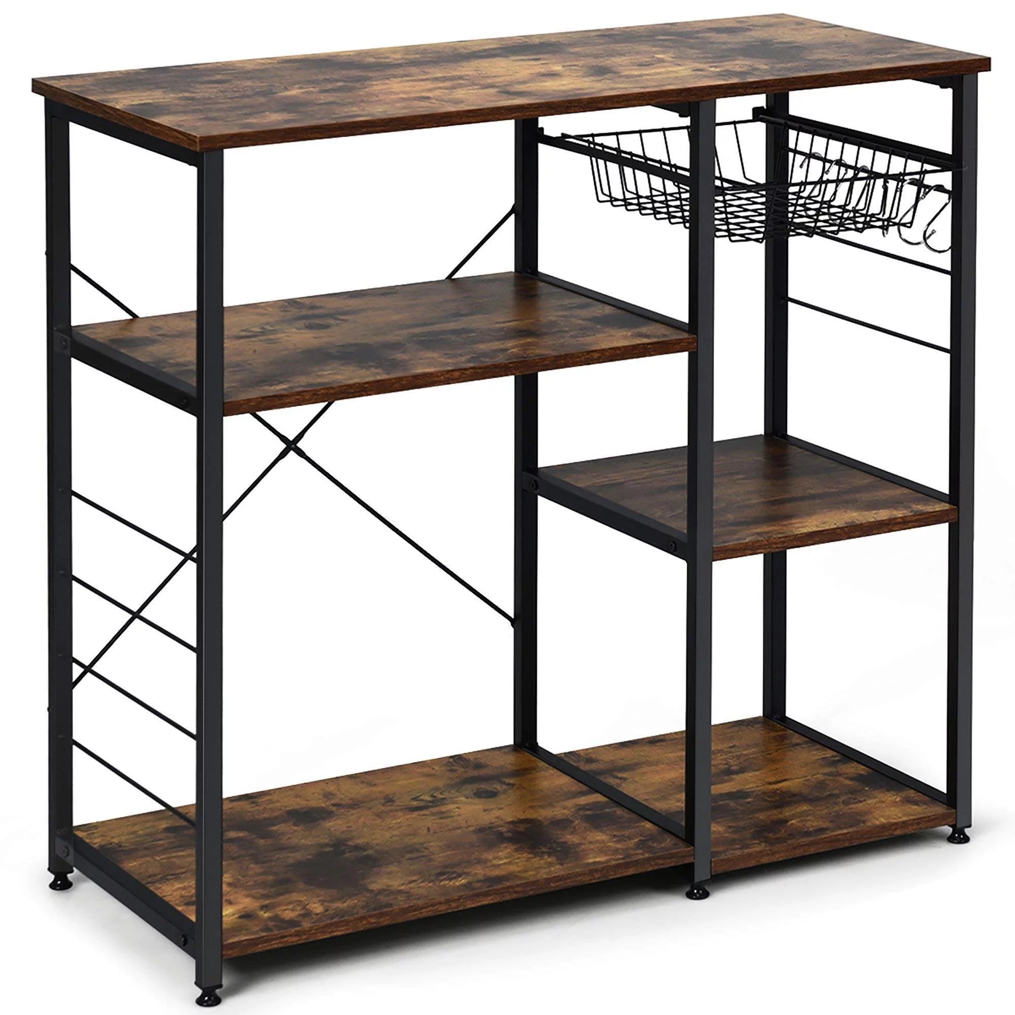 Vintage Kitchen Baker's Rack Microwave Stand Coffee Bar Table with Storage Shelf, Basket & Hooks, Rustic Brown S5409