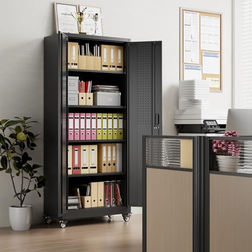Garage Storage Cabinet with Wheels, 72" H, 2 Doors, 4 Adjustable Shelves, Black Q104
