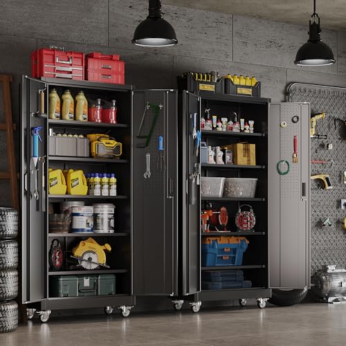 Garage Storage Cabinet with Wheels, 72" H, 2 Doors, 4 Adjustable Shelves, Black Q104