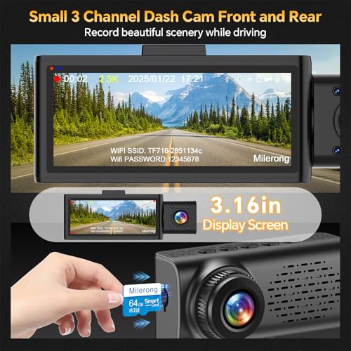 3 Channel Dash Cam Front Rear Inside, 2.5K WiFi, 64GB Card, IR Night Vision B335696
