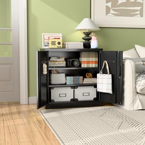 Garage Storage Cabinet with Wheels, 72" H, 2 Doors, 4 Adjustable Shelves, Black Q104