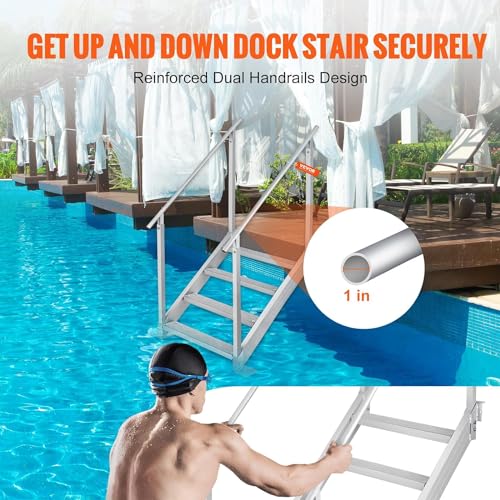 Aluminum 4-Step Dock Ladder, Adjustable Height, Non-Slip Pedals W147