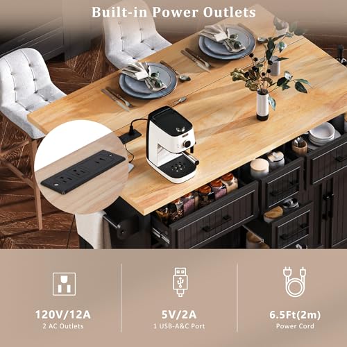 Kitchen Island Cart with Drop Leaf, Power Outlet, and 5 Storage Shelves Z644898