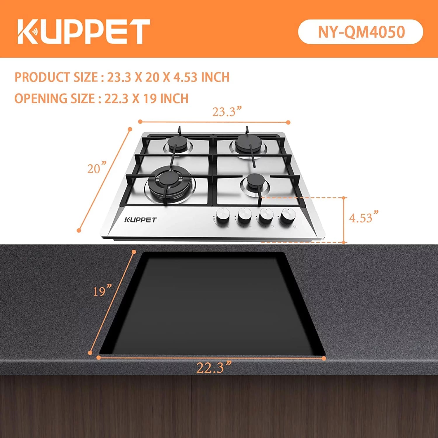 24 Inch Gas Cooktop with 4 Sealed Burners, Stainless Steel, NG/LPG Convertible O7493