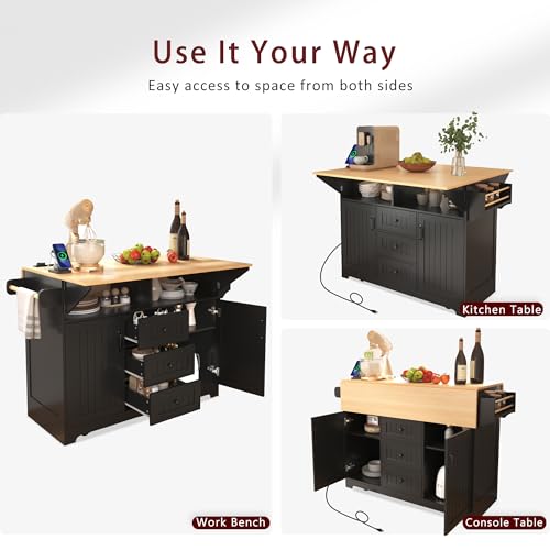 Large Kitchen Island with Drop Leaf, Rolling Cart, Power Outlet R822