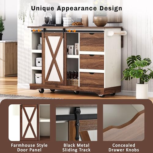 Farmhouse Kitchen Island with Drop Leaf, Barn Door and Wheels O34026