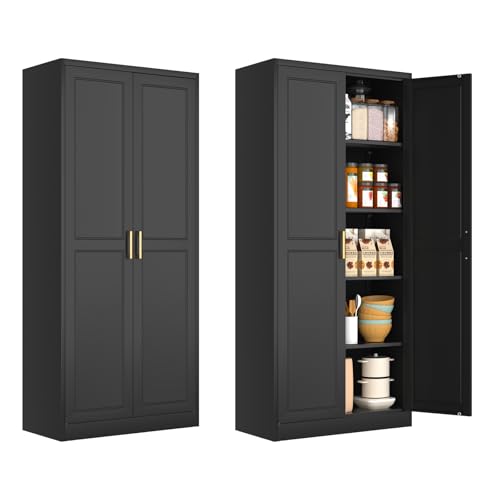 Tall Kitchen Storage Cabinet with Doors and Adjustable Shelves, Black Freestanding Cupboard X34021
