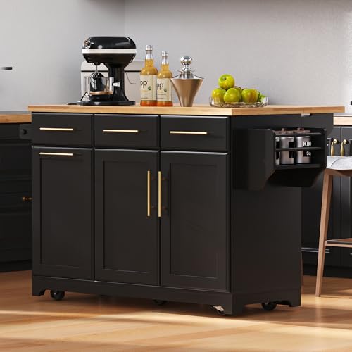 Farmhouse Kitchen Island with Drop Leaf, Barn Door and Wheels O34026