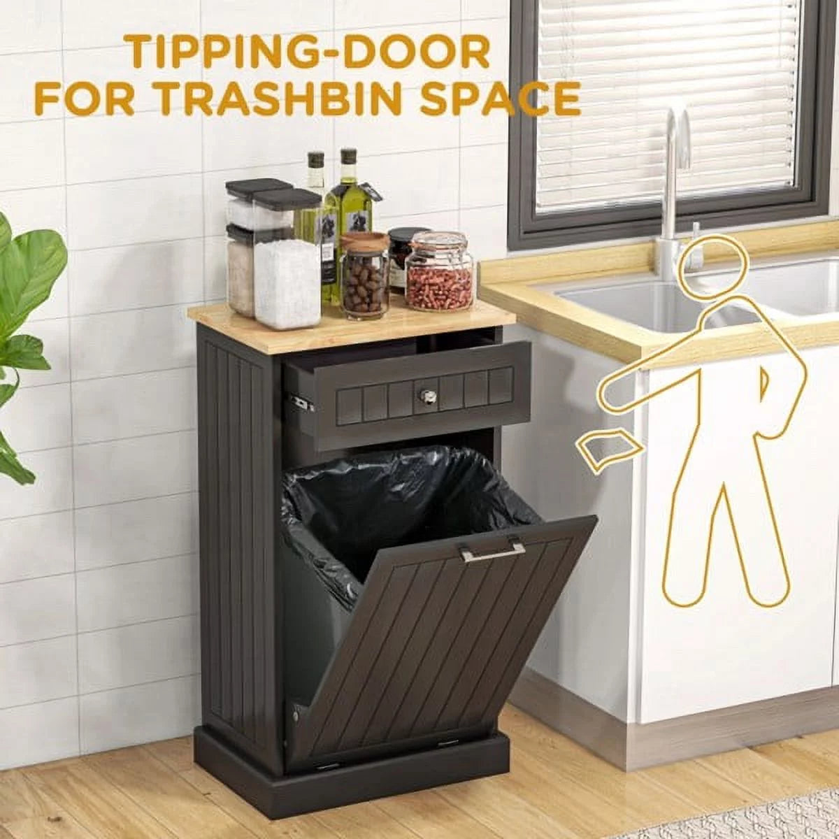 Tilt Out Trash Bin Cabinet with Drawer, Freestanding Laundry Sorter M867356