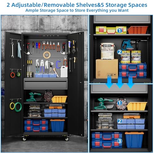 Metal Storage Cabinet with Wheels, 73" H, Locking Doors and Adjustable Shelves C8462