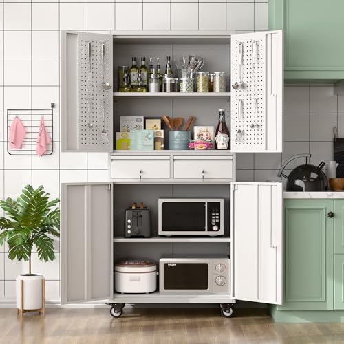 Metal Storage Cabinet with Wheels, 73" H, Locking Doors and Adjustable Shelves C8462