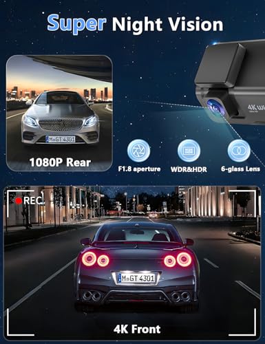 Dash Cam Front and Rear, 4K+1080P WiFi Dual Dash Cam with App, 3" IPS Screen, Night Vision, 24/7 Parking Monitor X881