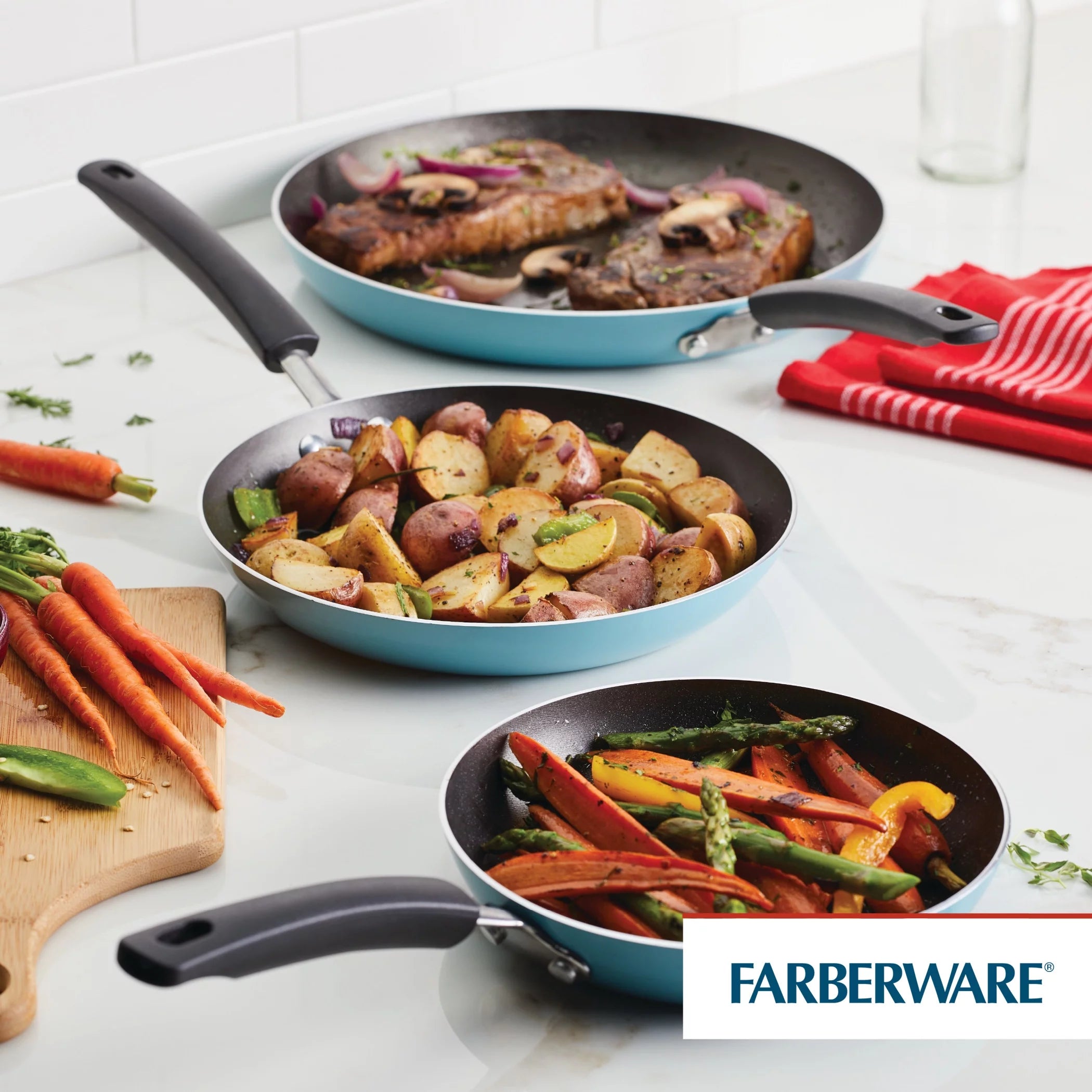 3 Piece Nonstick Frying Pan Set, Aluminum, Aqua I9037