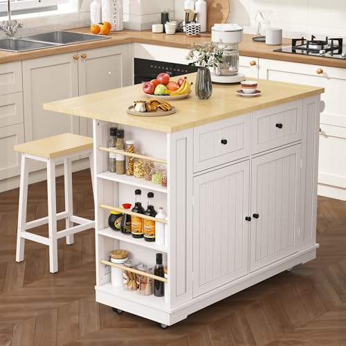 Kitchen Island Cart with Drop Leaf, Power Outlet, and 5 Storage Shelves Z644898
