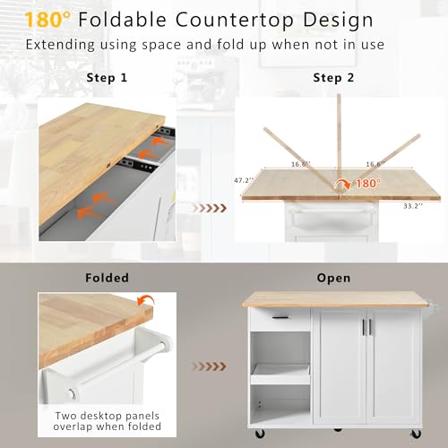 Large Kitchen Island with Drop Leaf, Rolling Cart, Power Outlet R822