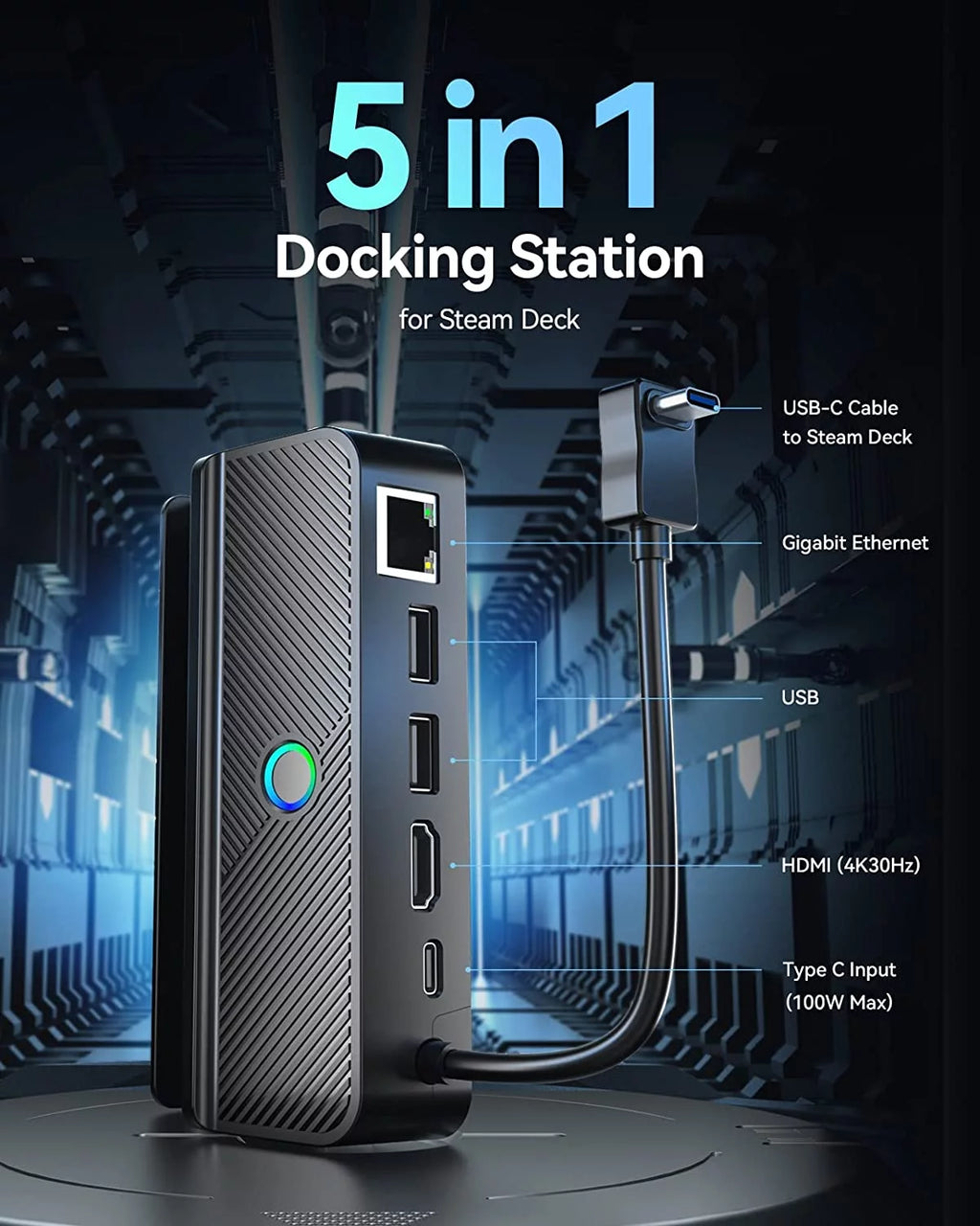 Steam Deck Dock with LED Light, 5-in-1, Gigabit Ethernet, HD 2.0, 2 USB-A, 100W Charging K85848