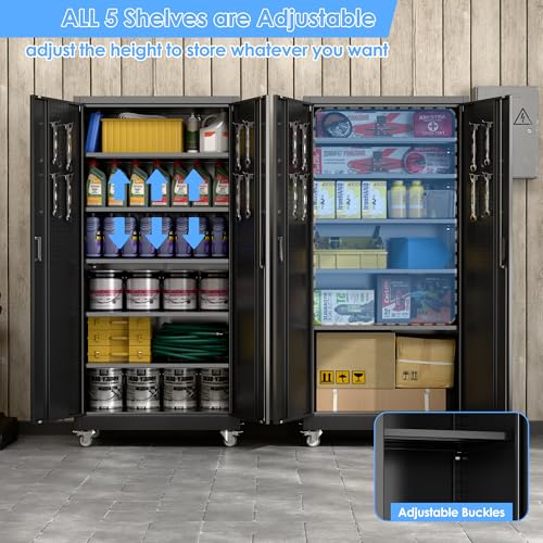Garage Storage Cabinet with Wheels, 72" H, 2 Doors, 4 Adjustable Shelves, Black Q104