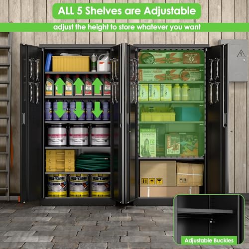 Garage Storage Cabinet with Wheels, 72" H, 2 Doors, 4 Adjustable Shelves, Black Q104