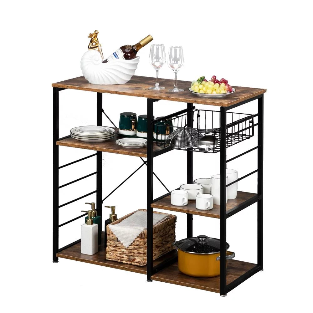 Vintage Kitchen Baker's Rack Microwave Stand Coffee Bar Table with Storage Shelf, Basket & Hooks, Rustic Brown S5409