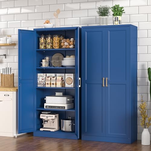 Tall Kitchen Storage Cabinet with Doors and Adjustable Shelves, Black Freestanding Cupboard X34021