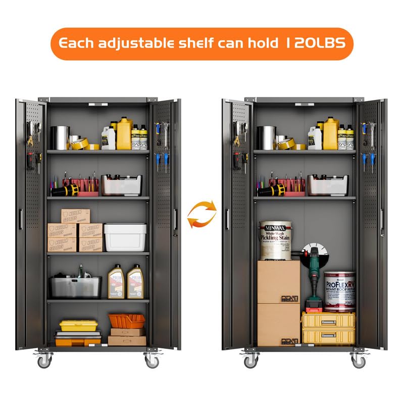 Garage Storage Cabinet with Wheels, 72" H, 2 Doors, 4 Adjustable Shelves, Black Q104