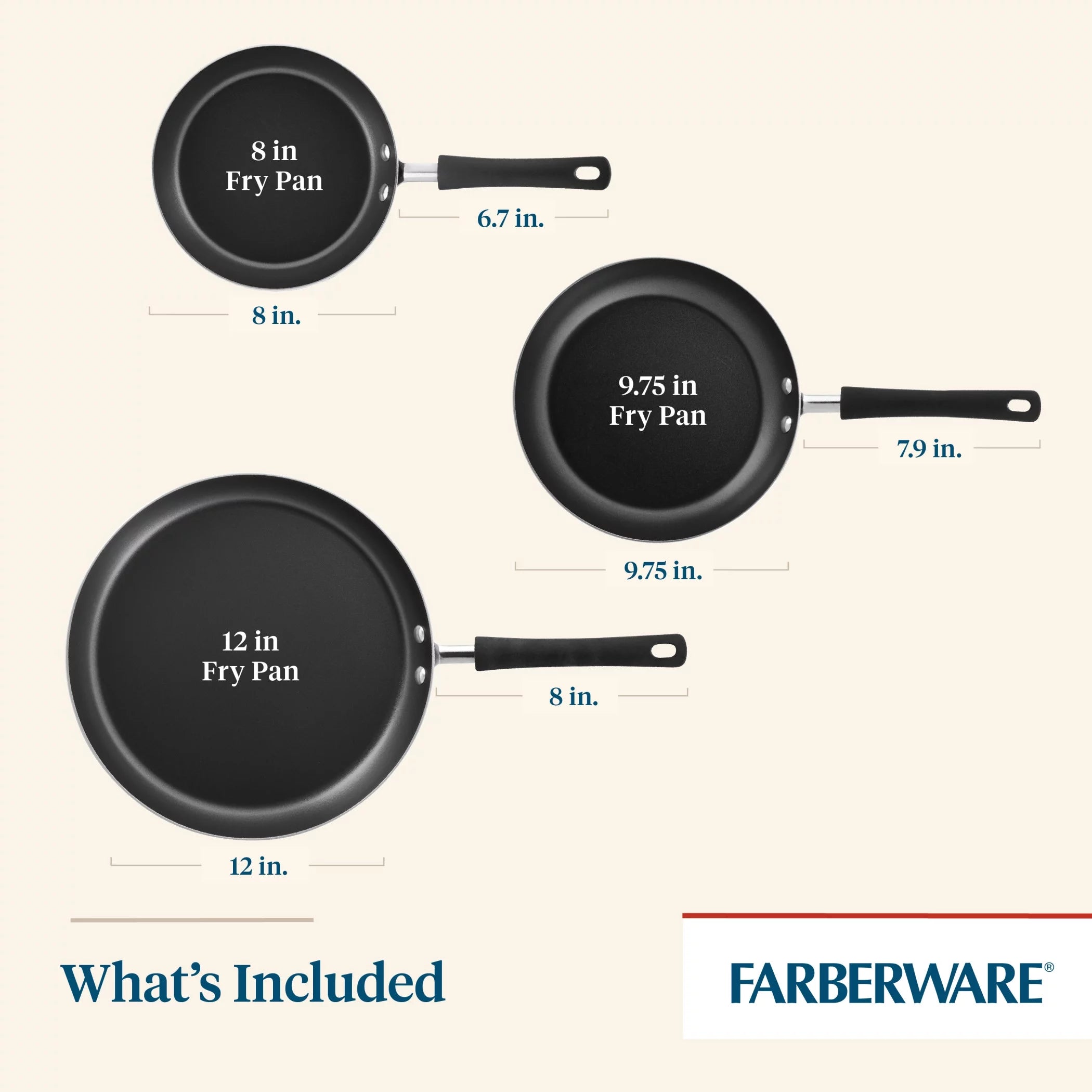3 Piece Nonstick Frying Pan Set, Aluminum, Aqua I9037